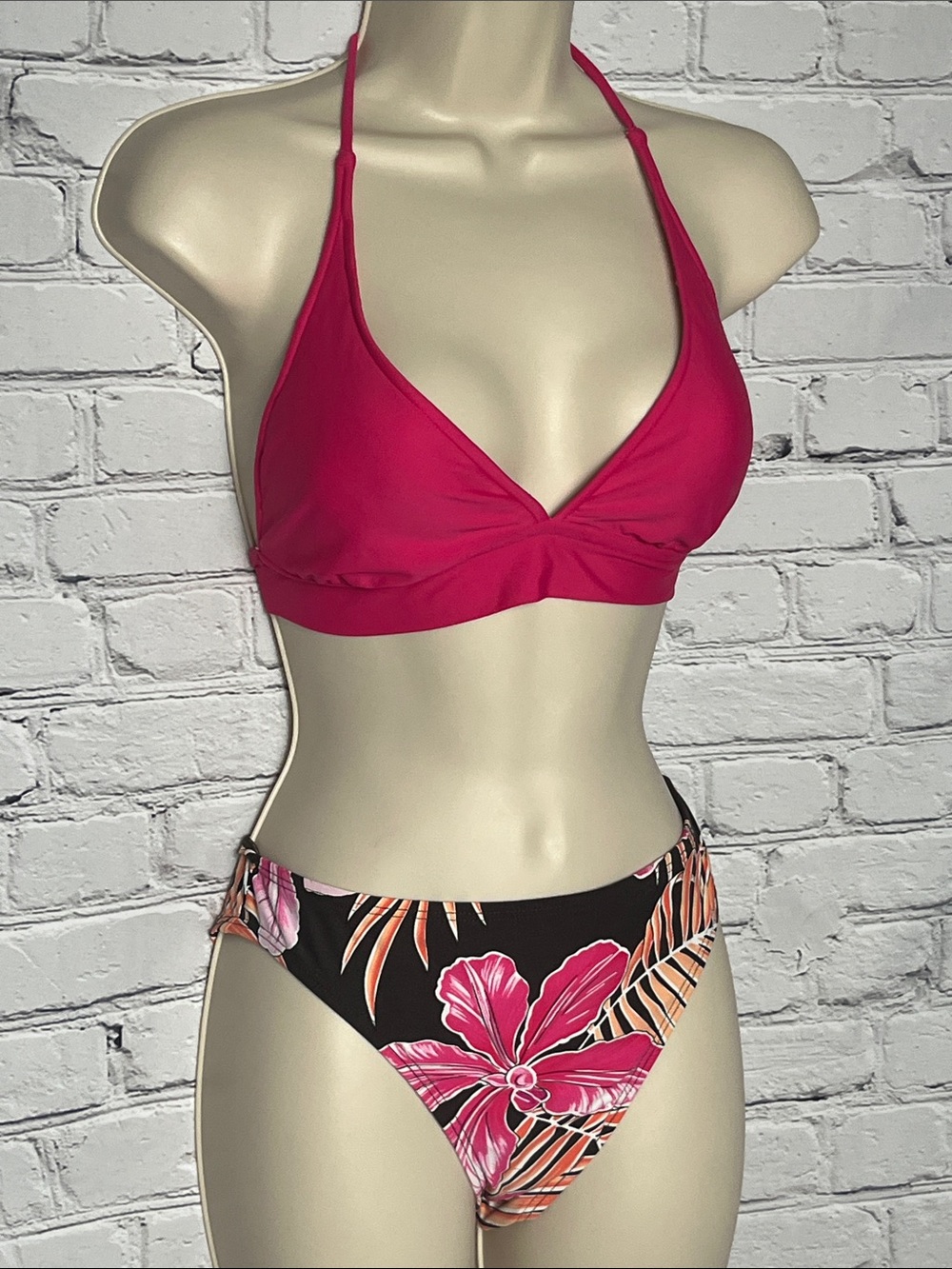Bright Pink Halter Bikini Top with Tropical Print Briefs